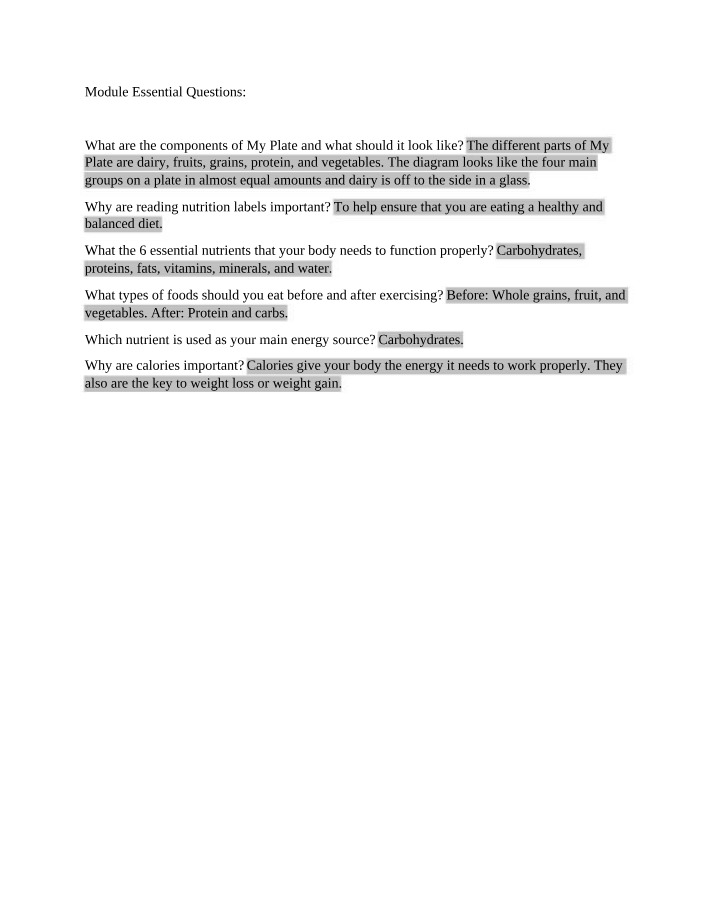 Essential Questions on Nutrition and My Plate
