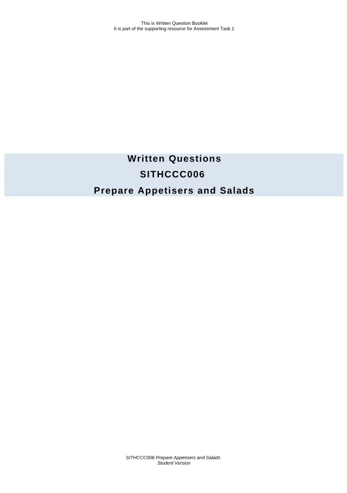 SITHCCC006 Appetisers and Salads - Task 1 Written Questionnaire