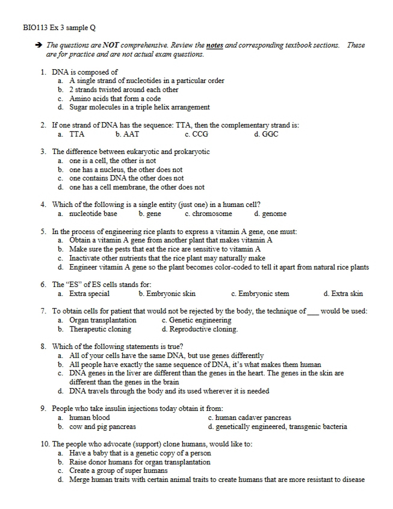 Sample Question for Bio 113