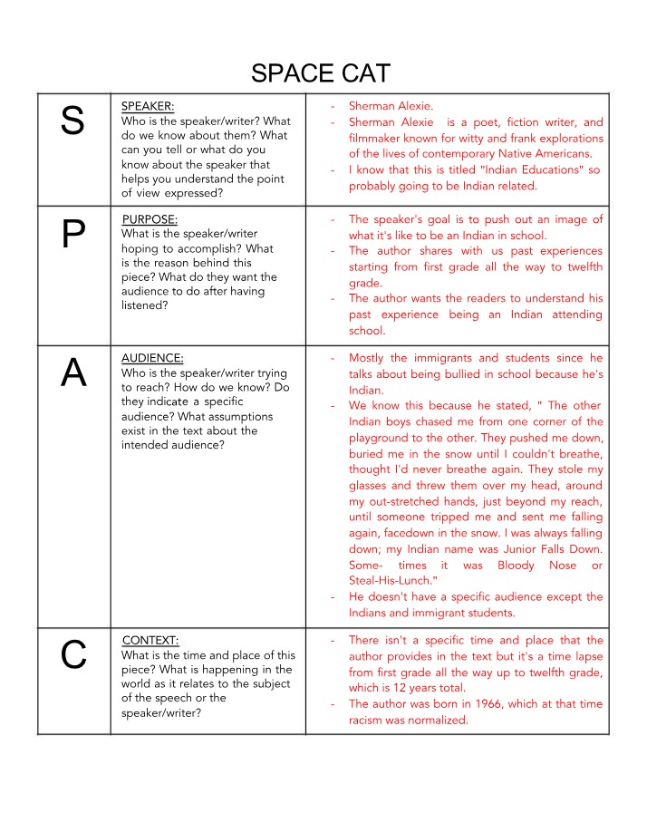 Sherman Alexie's Indian Education - SPACE CAT Analysis