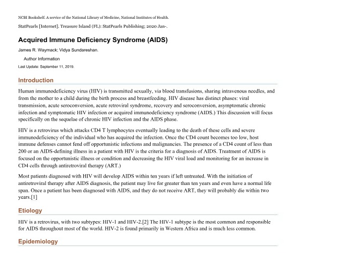 StatPearls - Acquired Immune Deficiency Syndrome