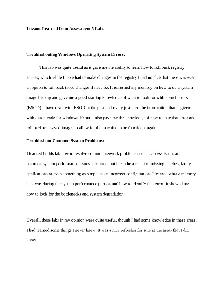 Windows Operating System Troubleshooting - Lessons Learned