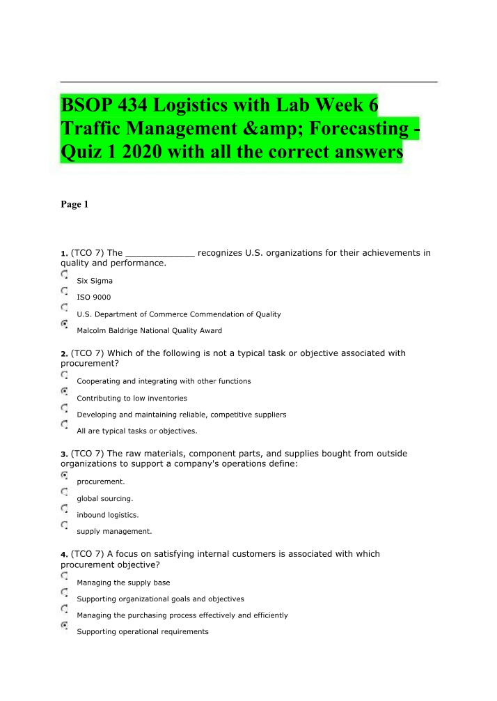 Quiz 1 - Traffic Management & Forecasting (BSOP 434)