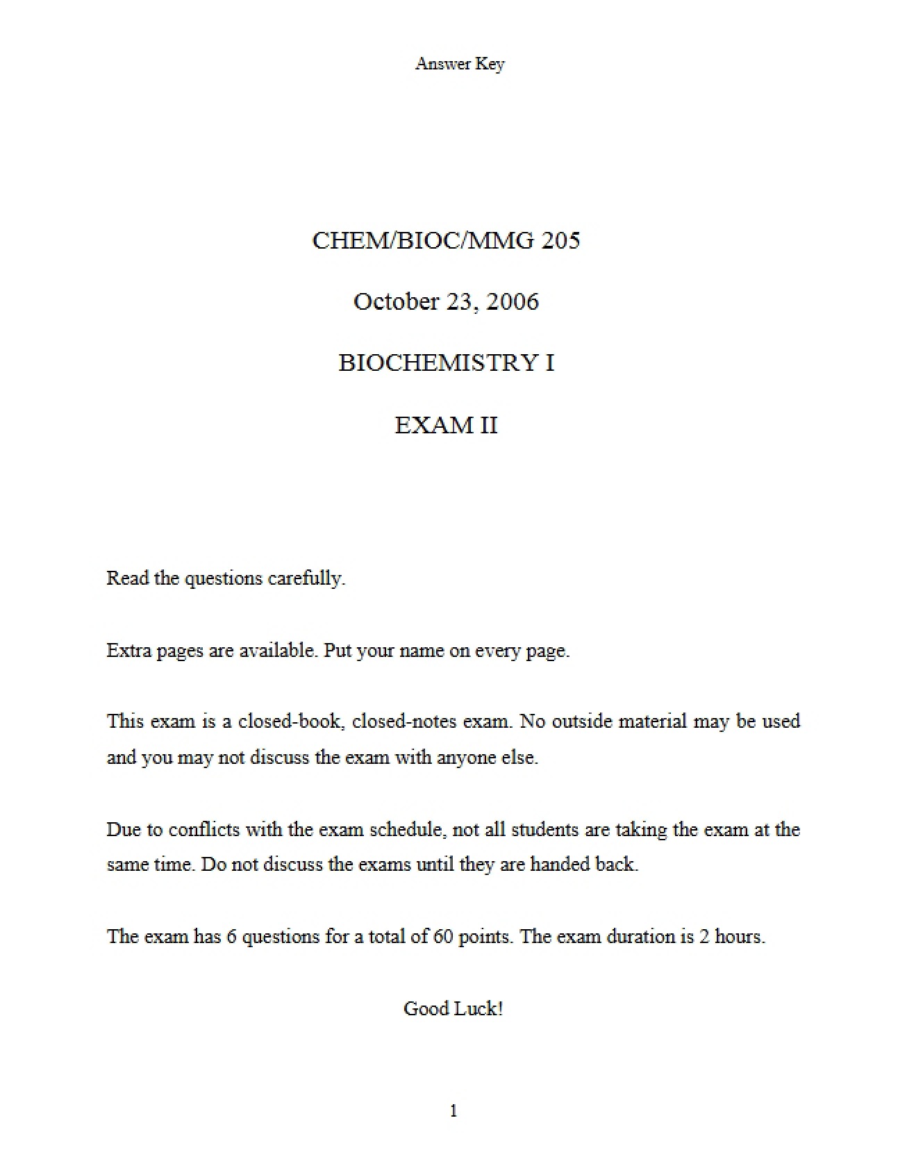 Biochemistry I Exam II