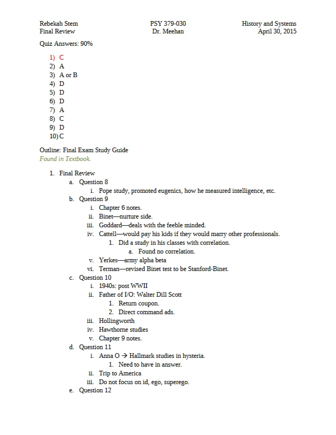 Comprehensive Final Review for Psychology's History