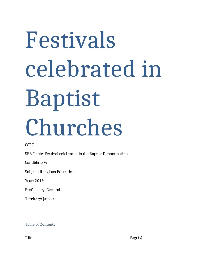 Festivals Celebrated in Baptist Churches Second Copy