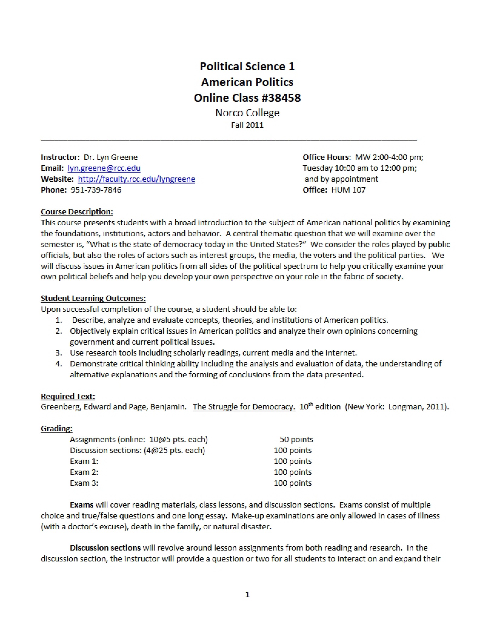 American Politics Syllabus - 5 Pages