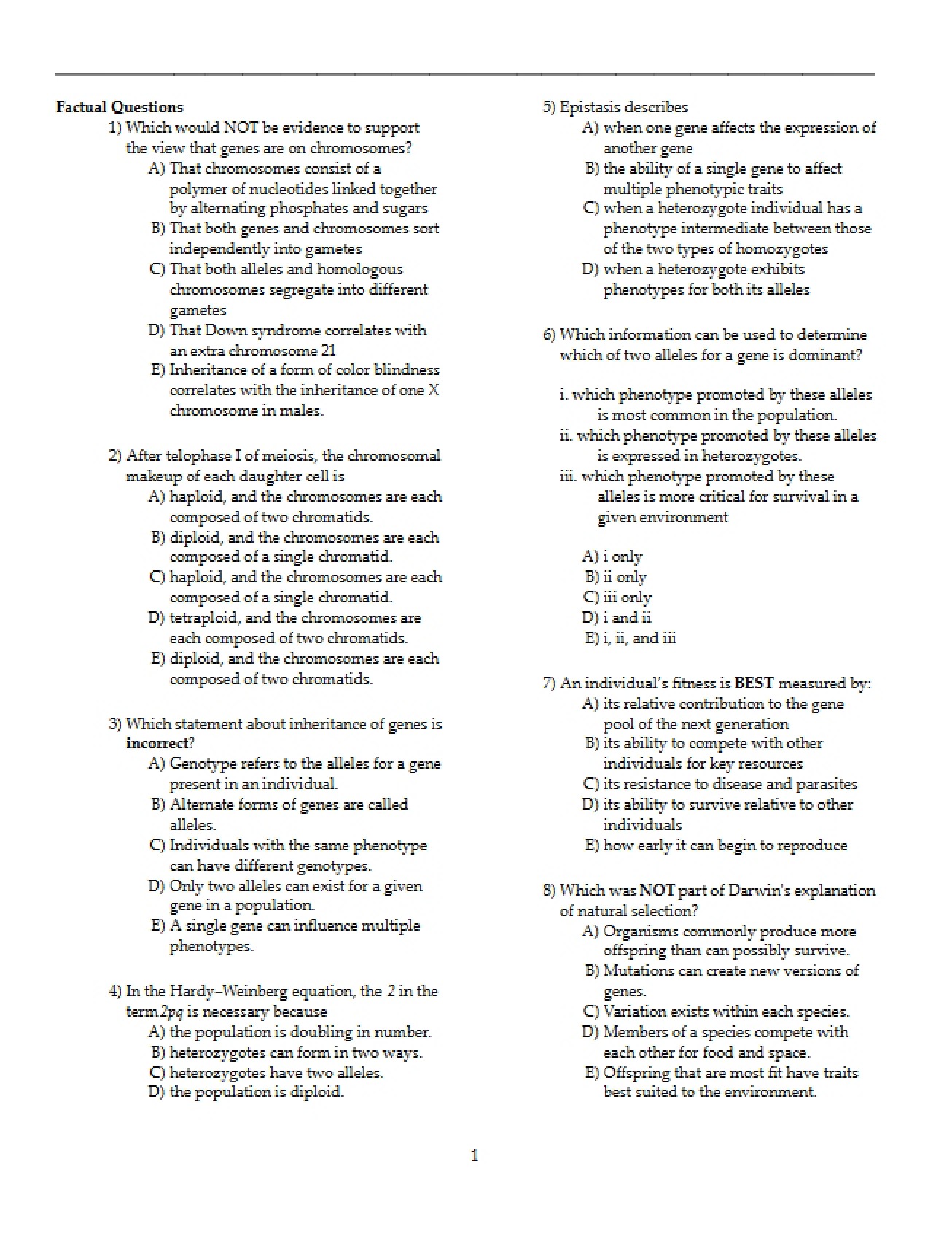 Meiosis, Genetics, Populations, and Evolution (Set 1)