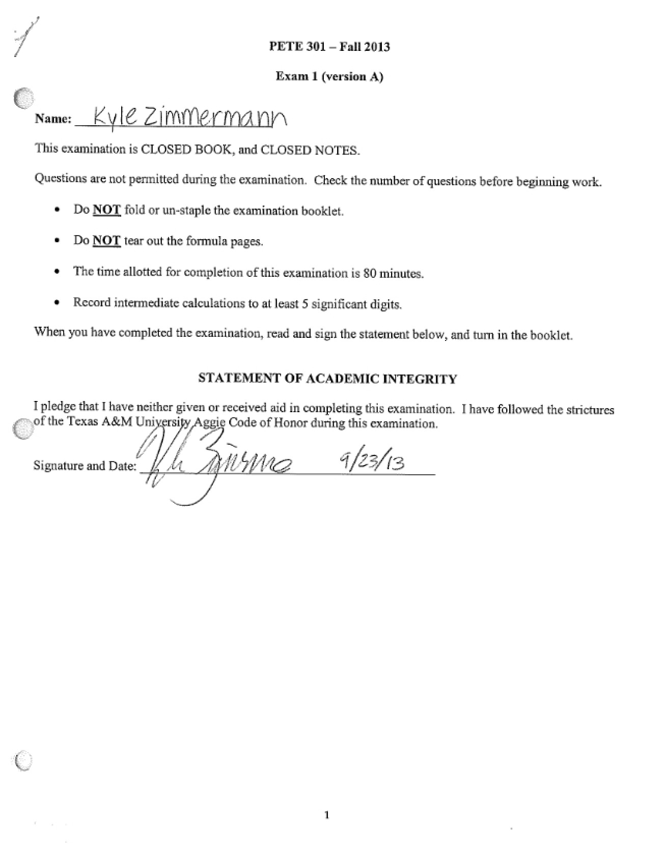 Numerical Methods Exam 1 (Fall 2013)