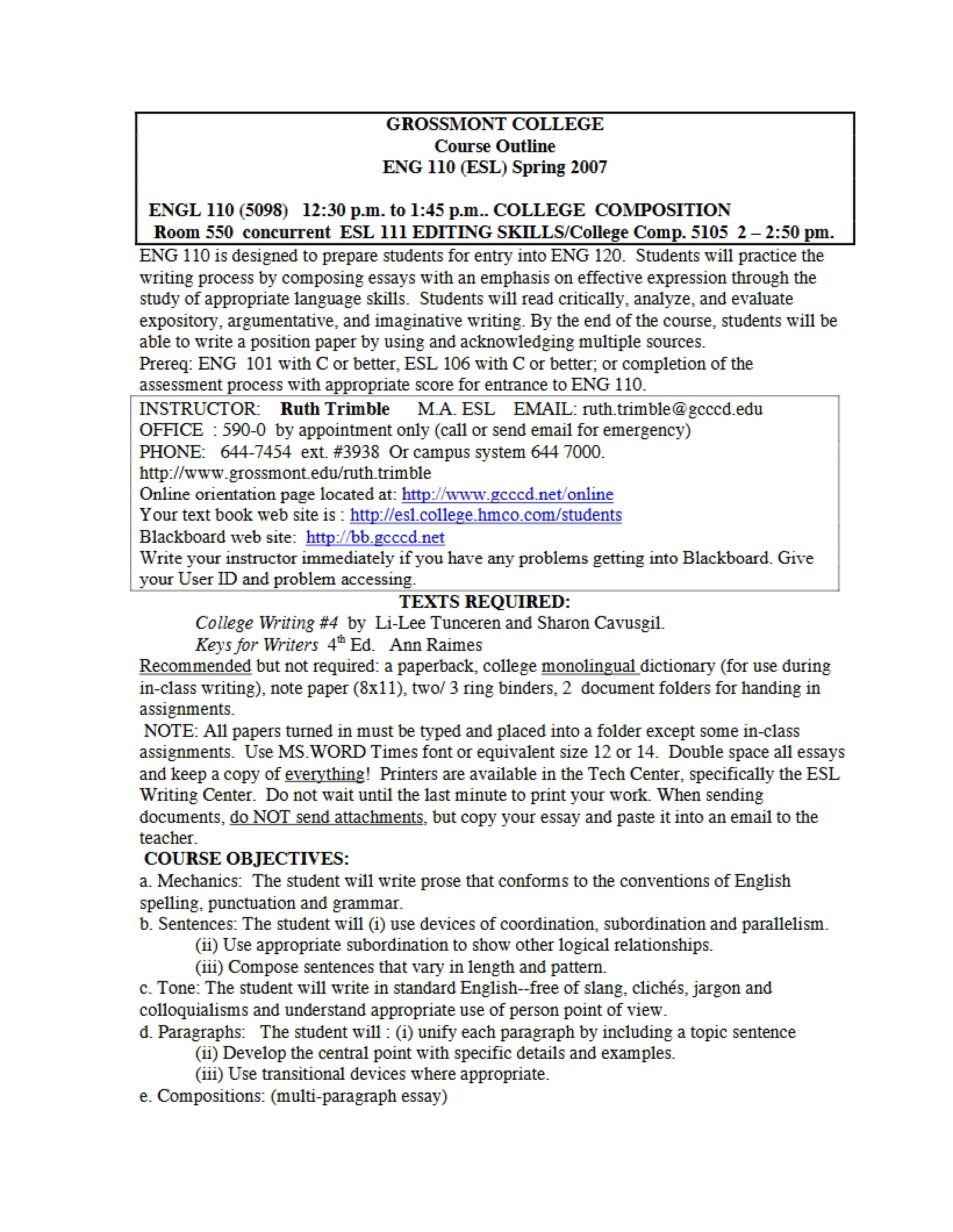 College Composition Course Outline
