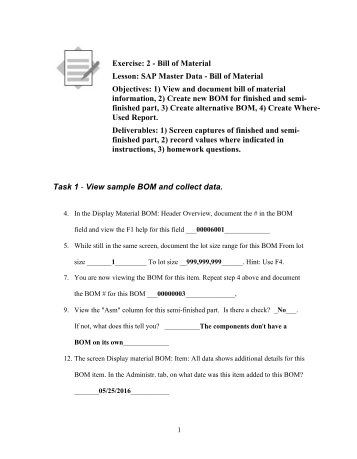 Bill of Material Exercise 2 - GBI
