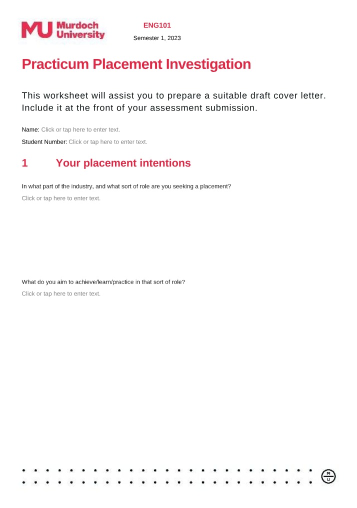 Worksheet for Practicum Placement Investigation