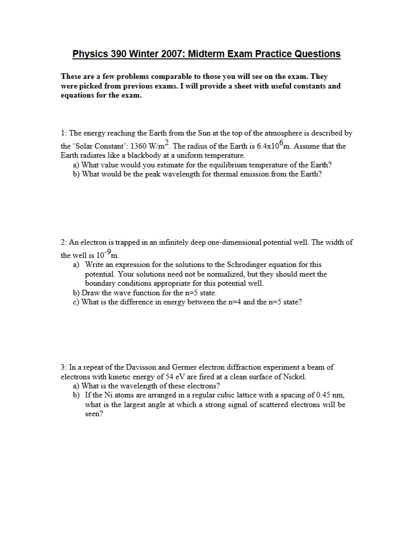 Practice Questions for Physics 390 Midterm