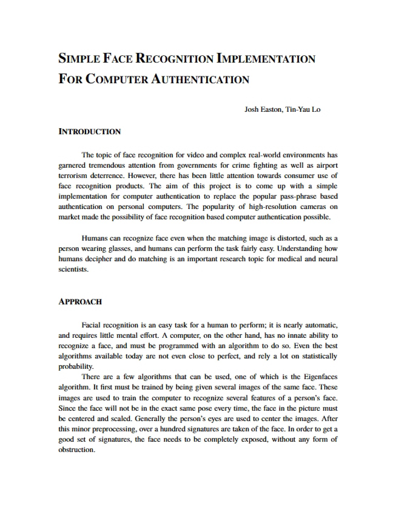 Computer Authentication via Simple Face Recognition