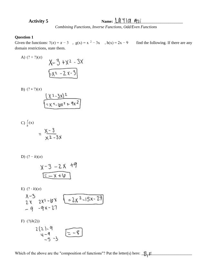 Combining and Inverse Functions - Activity 5