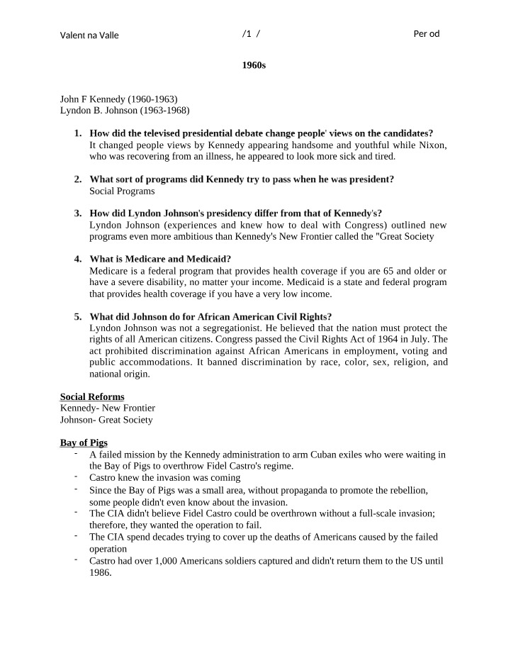 Notes on 1960s US History