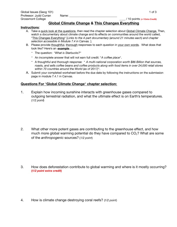 Worksheet on Climate Change