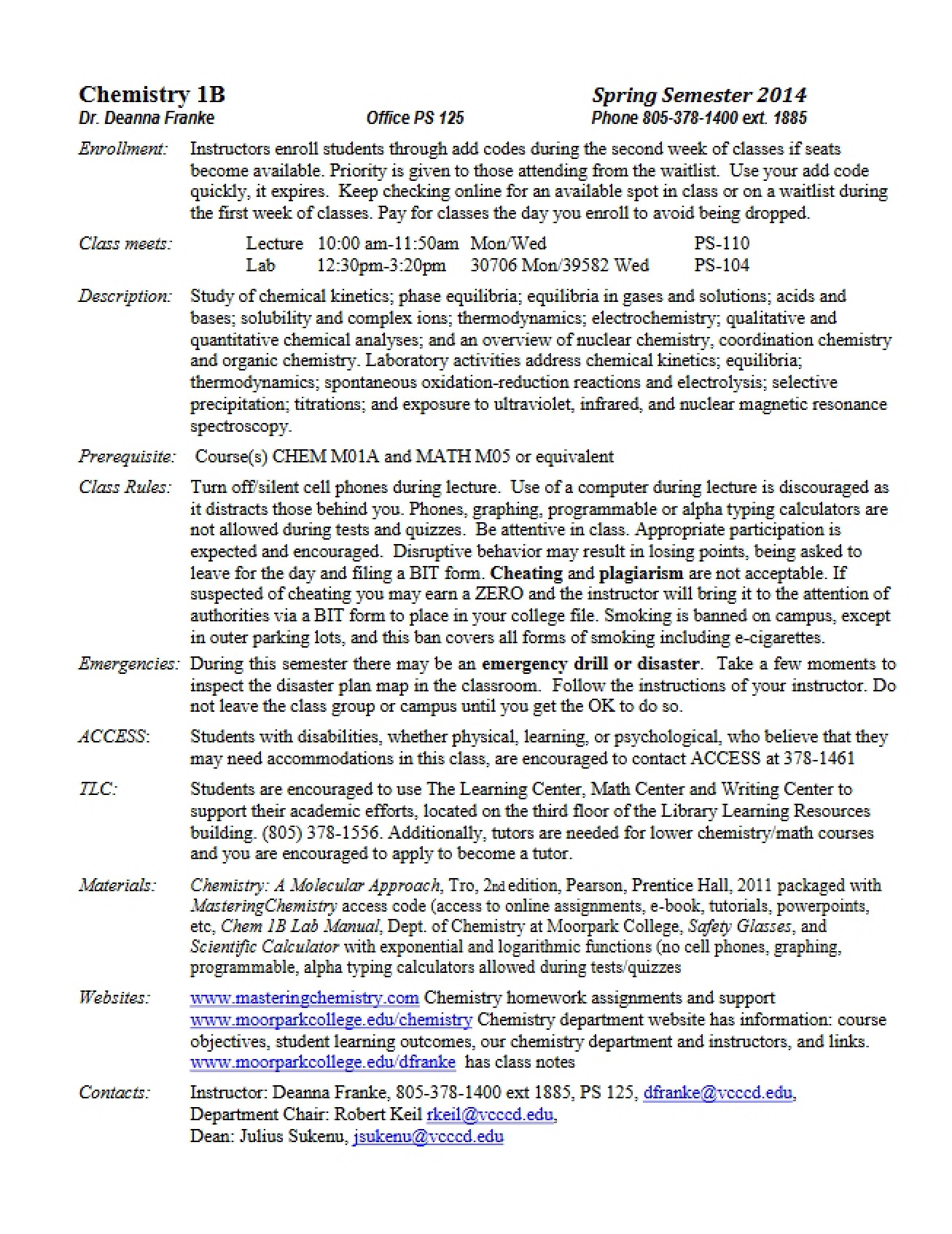 Syllabus for General Chemistry II