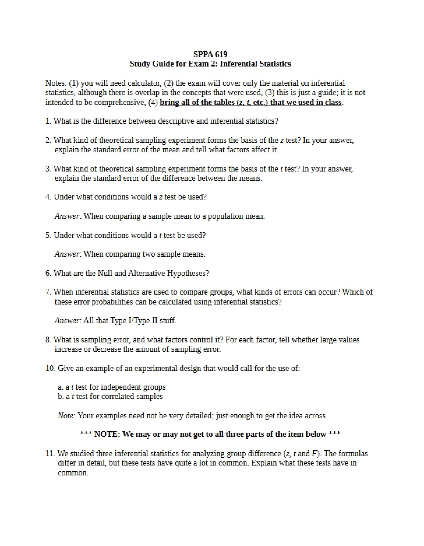 Inferential Statistics Exam Two Guide