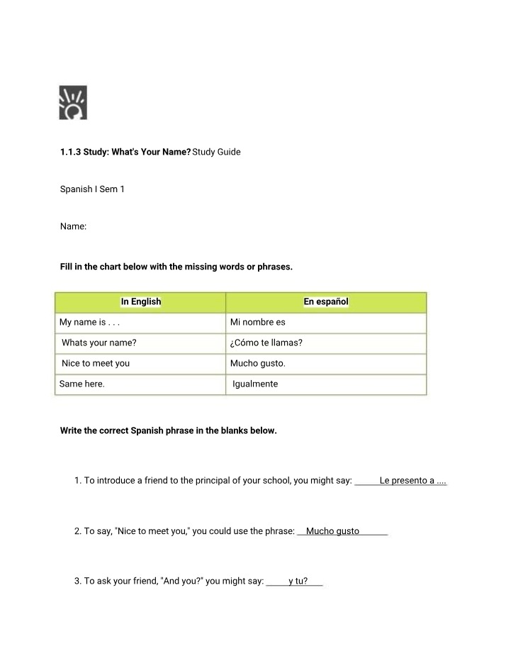 Study Guide for 'What's Your Name'