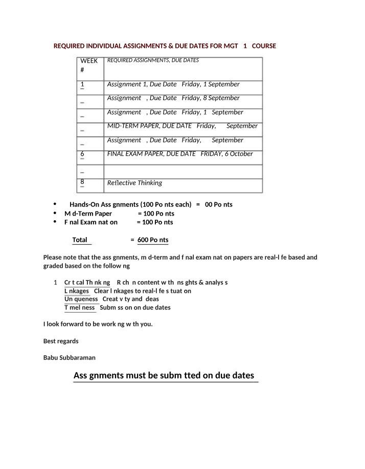 Fall 2023 MGT312 - Required Assignments and Due Dates