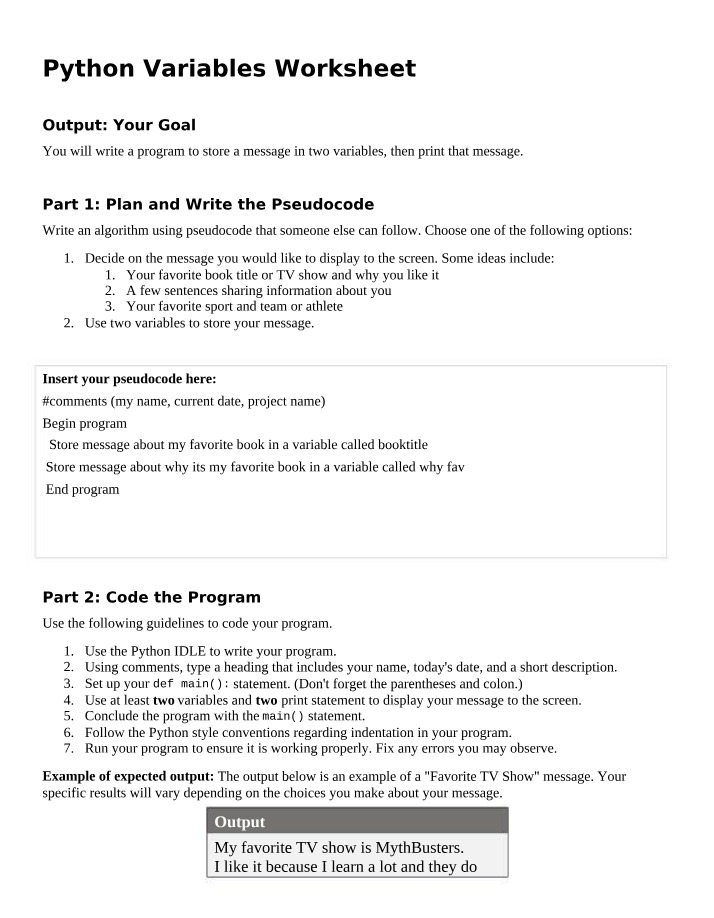 Worksheet for Python Variables