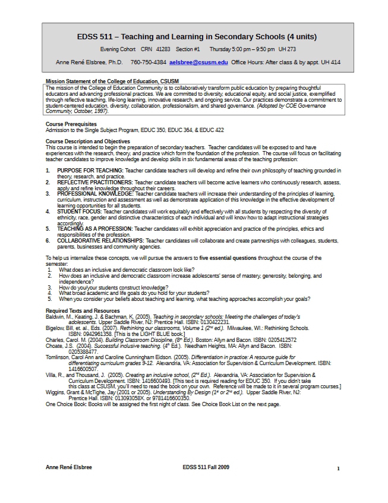 Syllabus for Teaching and Learning in Secondary Schools