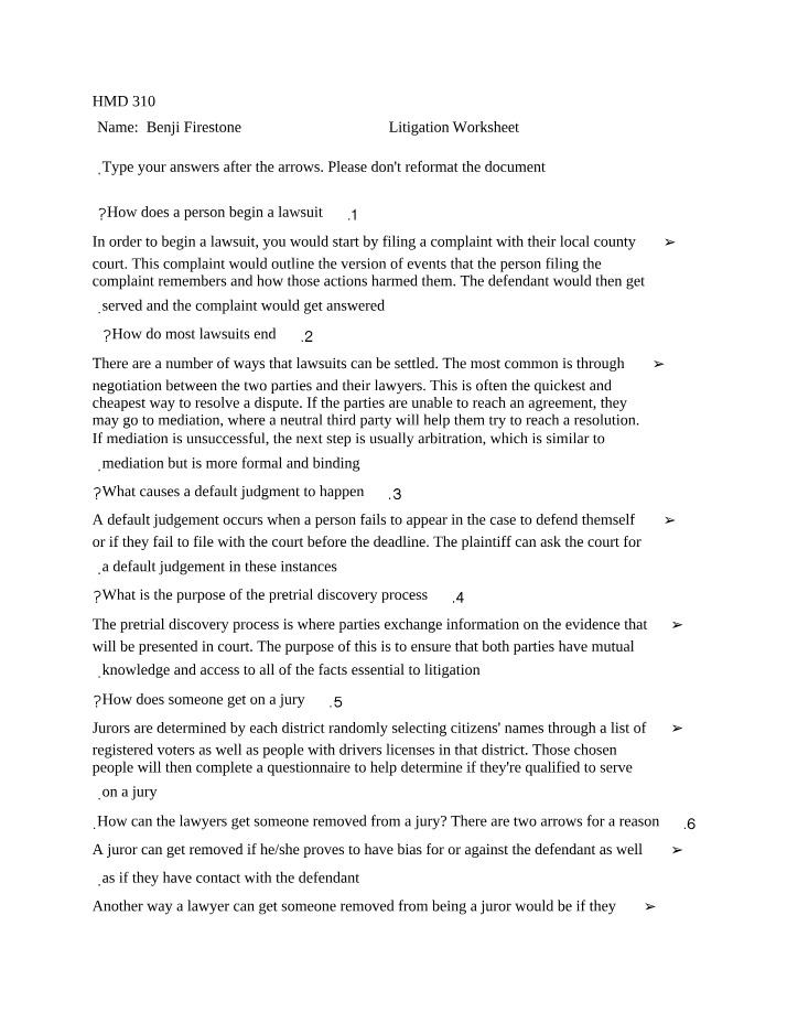 Worksheet on Litigation