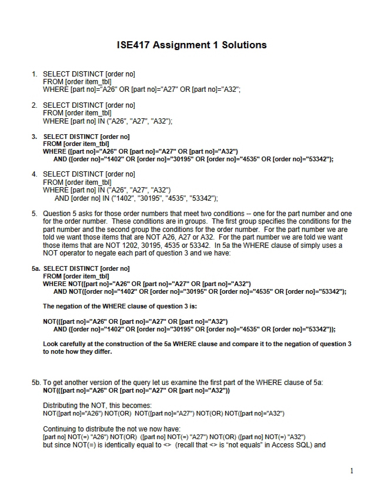 Solutions for Assignment One