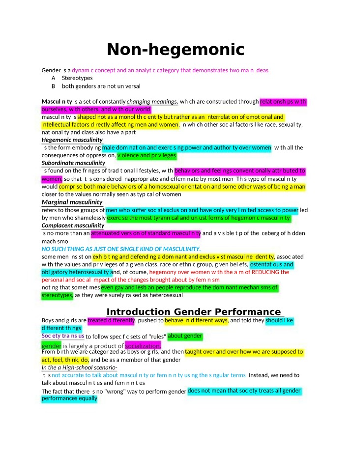 Gender Performance and Non-Hegemonic Masculinity Notes