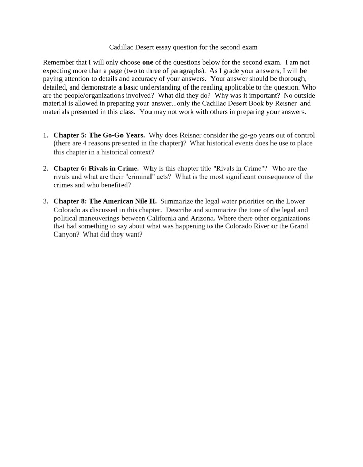 Cadillac Desert - Essay Question for Second Exam