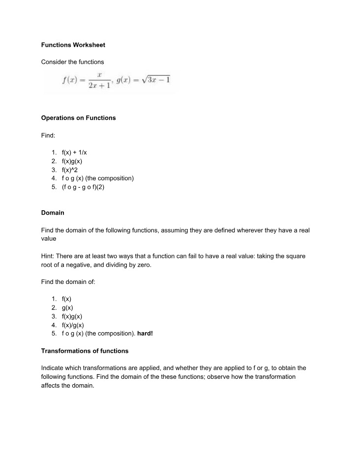 Worksheet on Functions