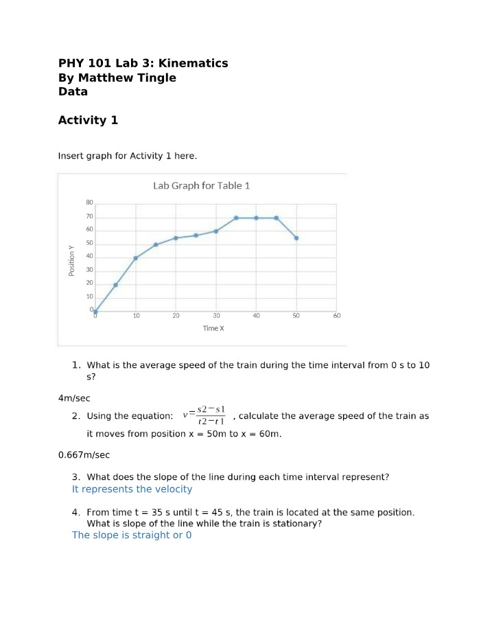 PHY 101 Lab 3 - Kinematics - Average Speed, Velocity, and Motion