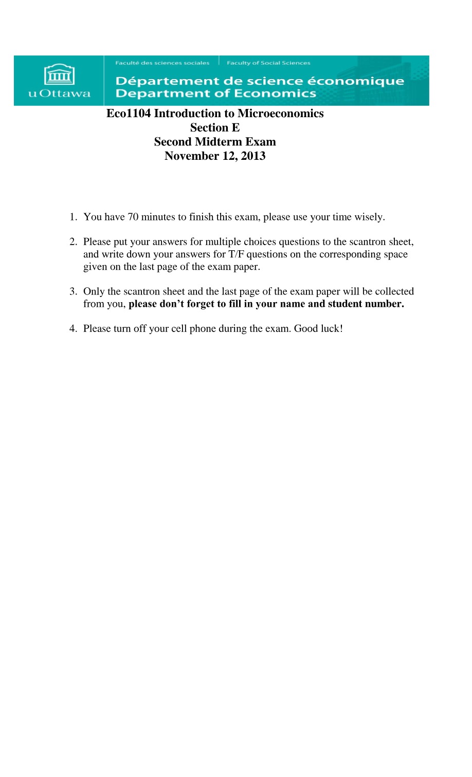 Second Midterm Exam for ECO1104 Introduction to Microeconomics