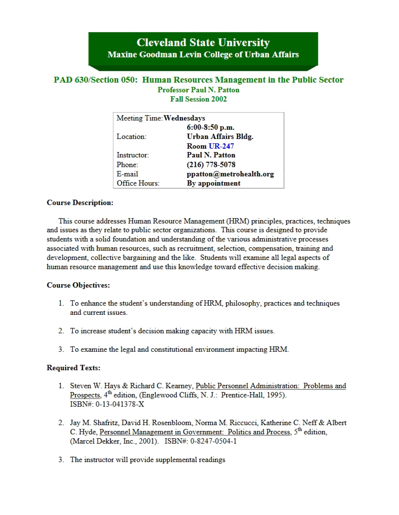 Syllabus for Public HR Management