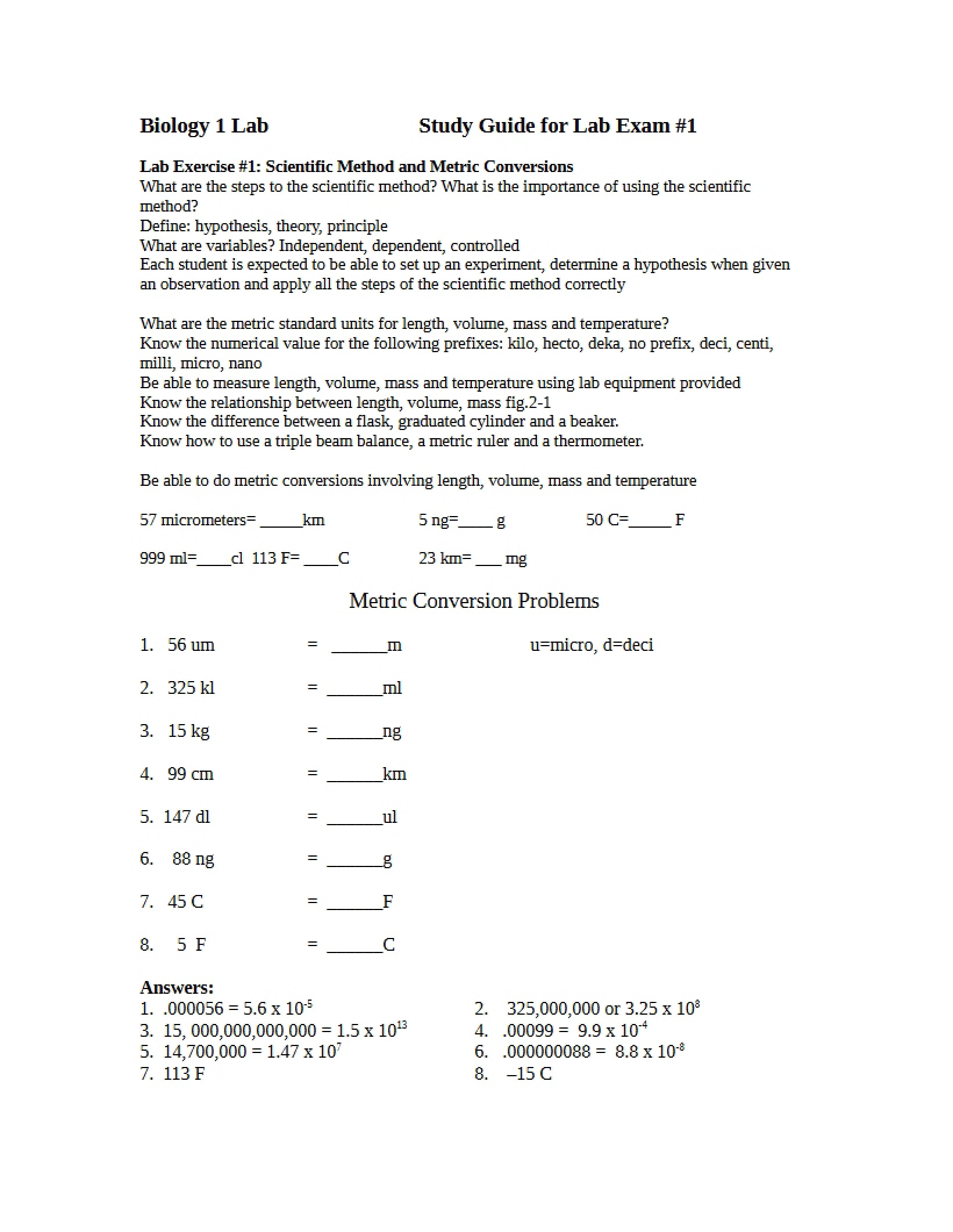 Laboratory Exercise One Study Guide