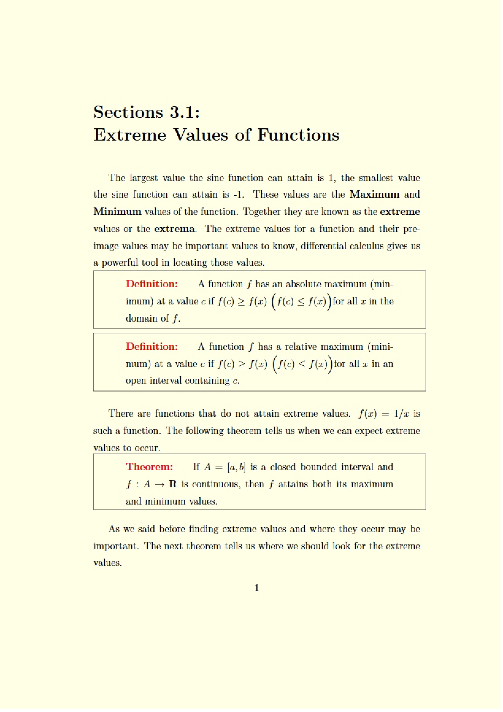 Function Values Extreme