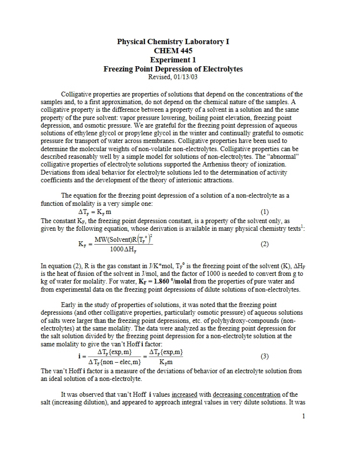Electrolyte Freezing Point Depression