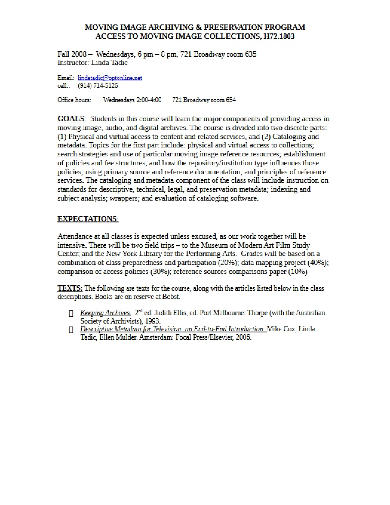 Access to Moving Image Collections Syllabus