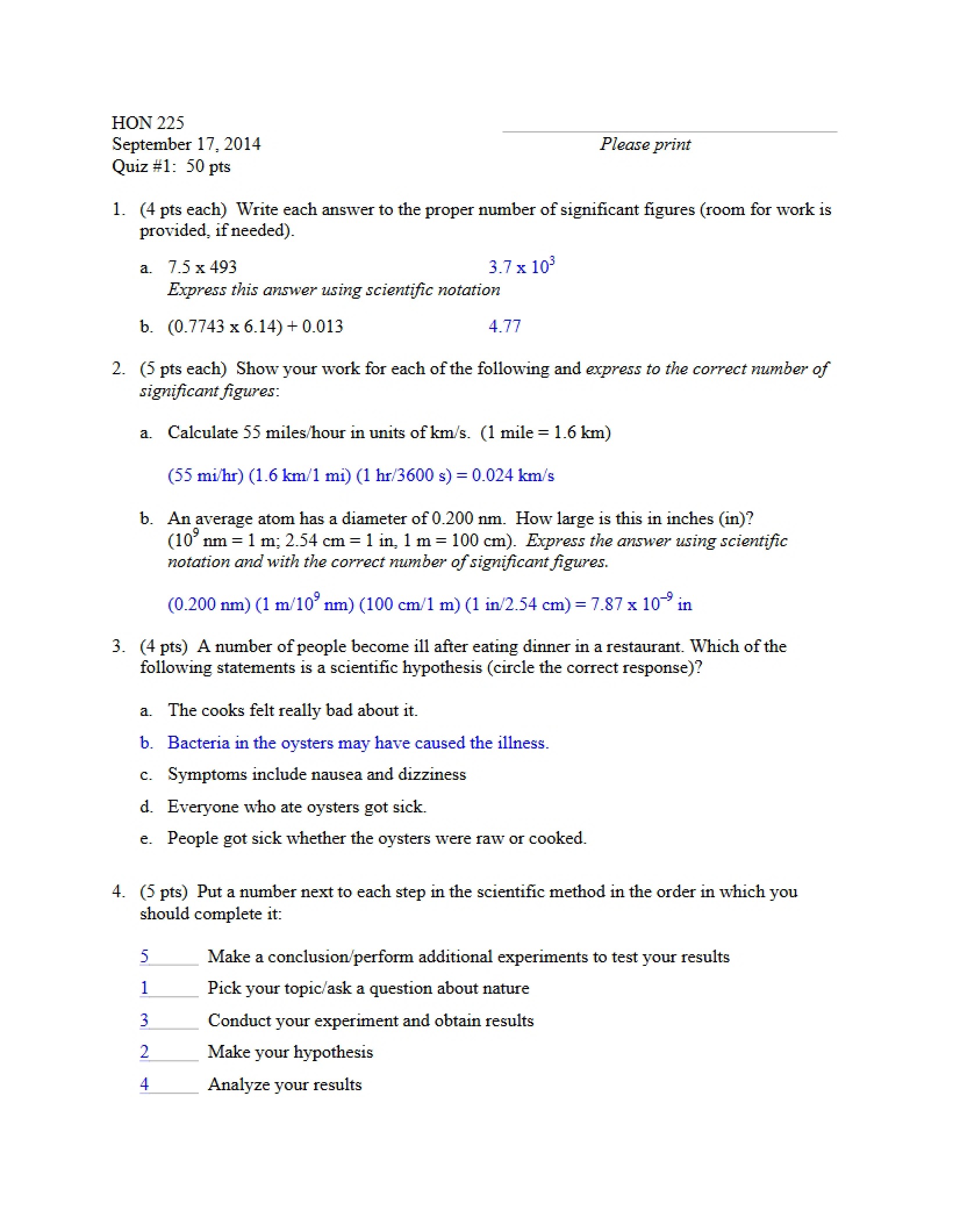 Key for Quiz One