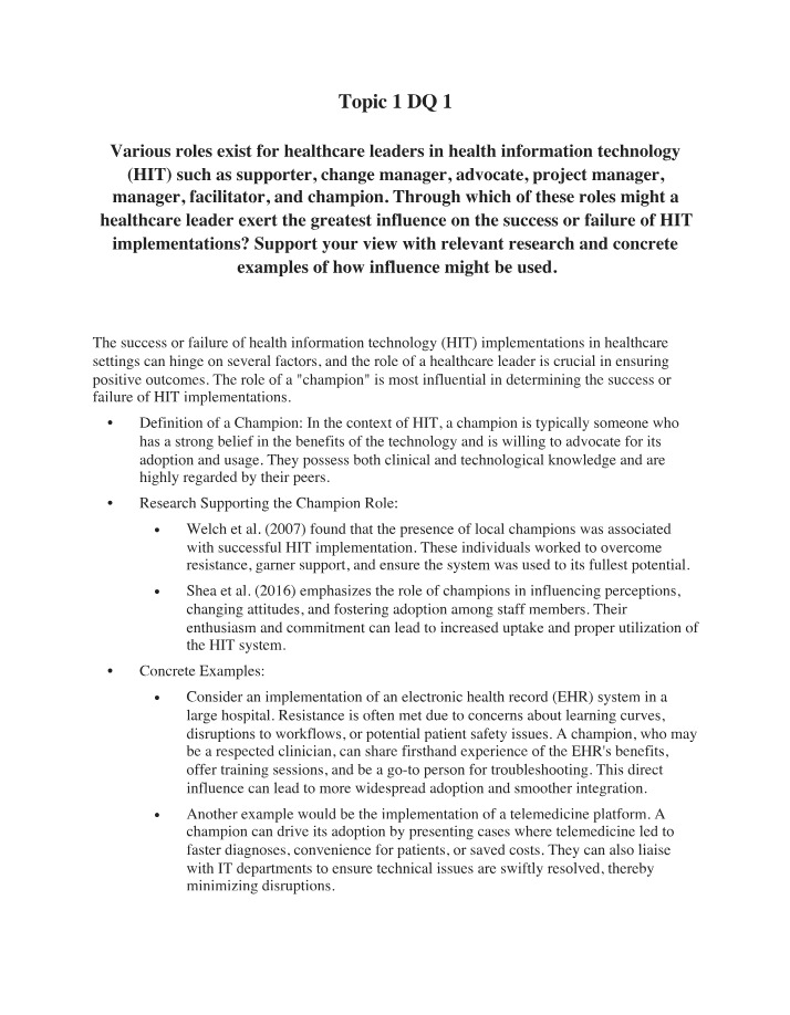 Healthcare IT Implementations - The Role of a Champion