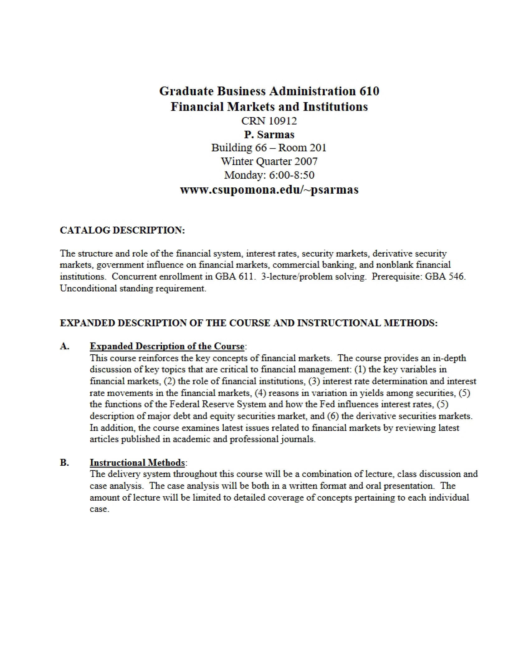 Financial Markets and Institutions Course Outline