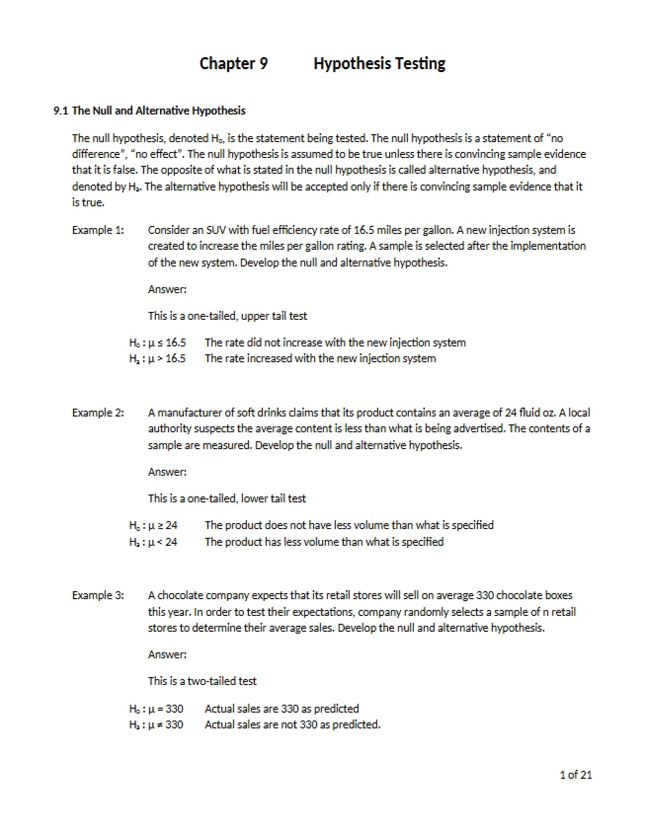 Hypothesis Testing Chapter Nine