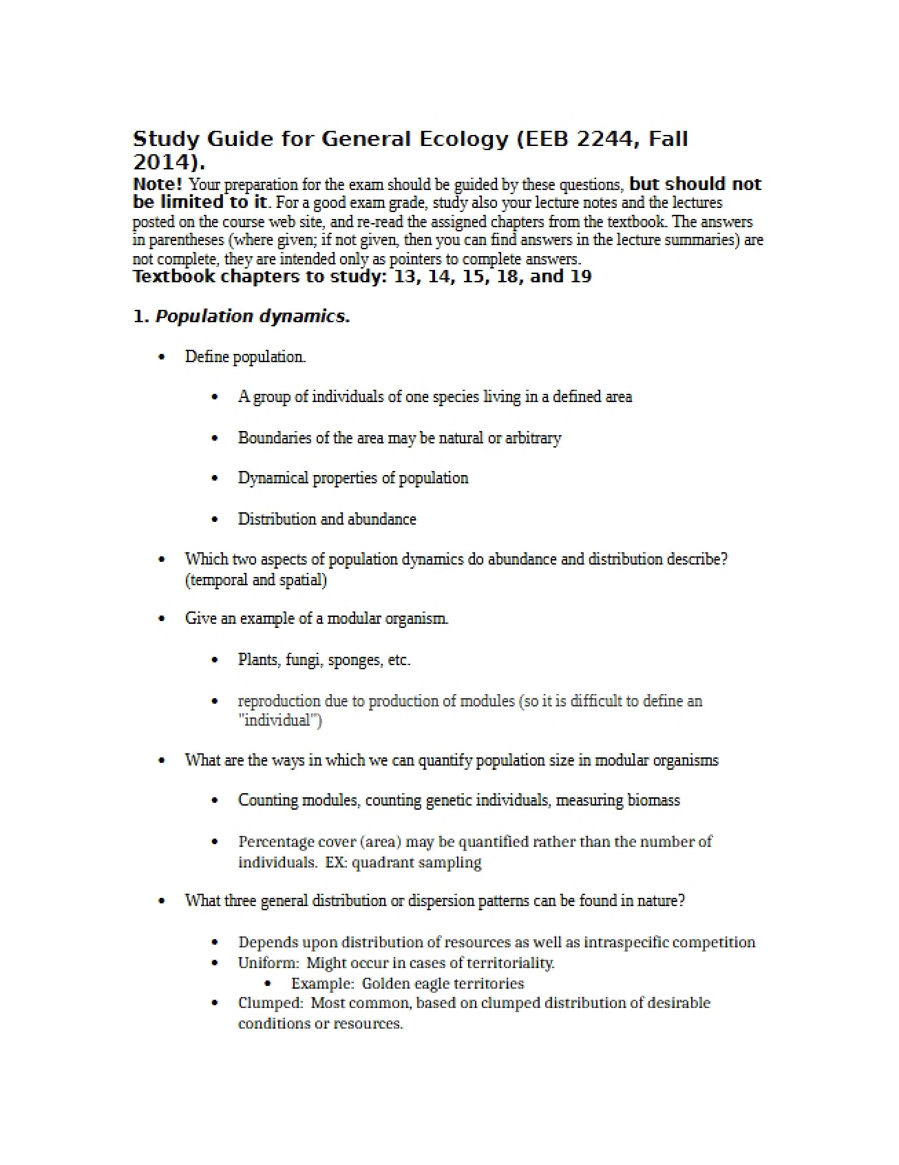 Study Guide for General Ecology