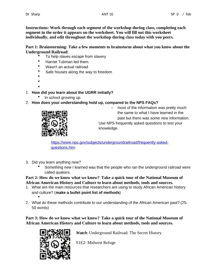 ANT 104 Worksheet - Archaeology and the Underground Railroad