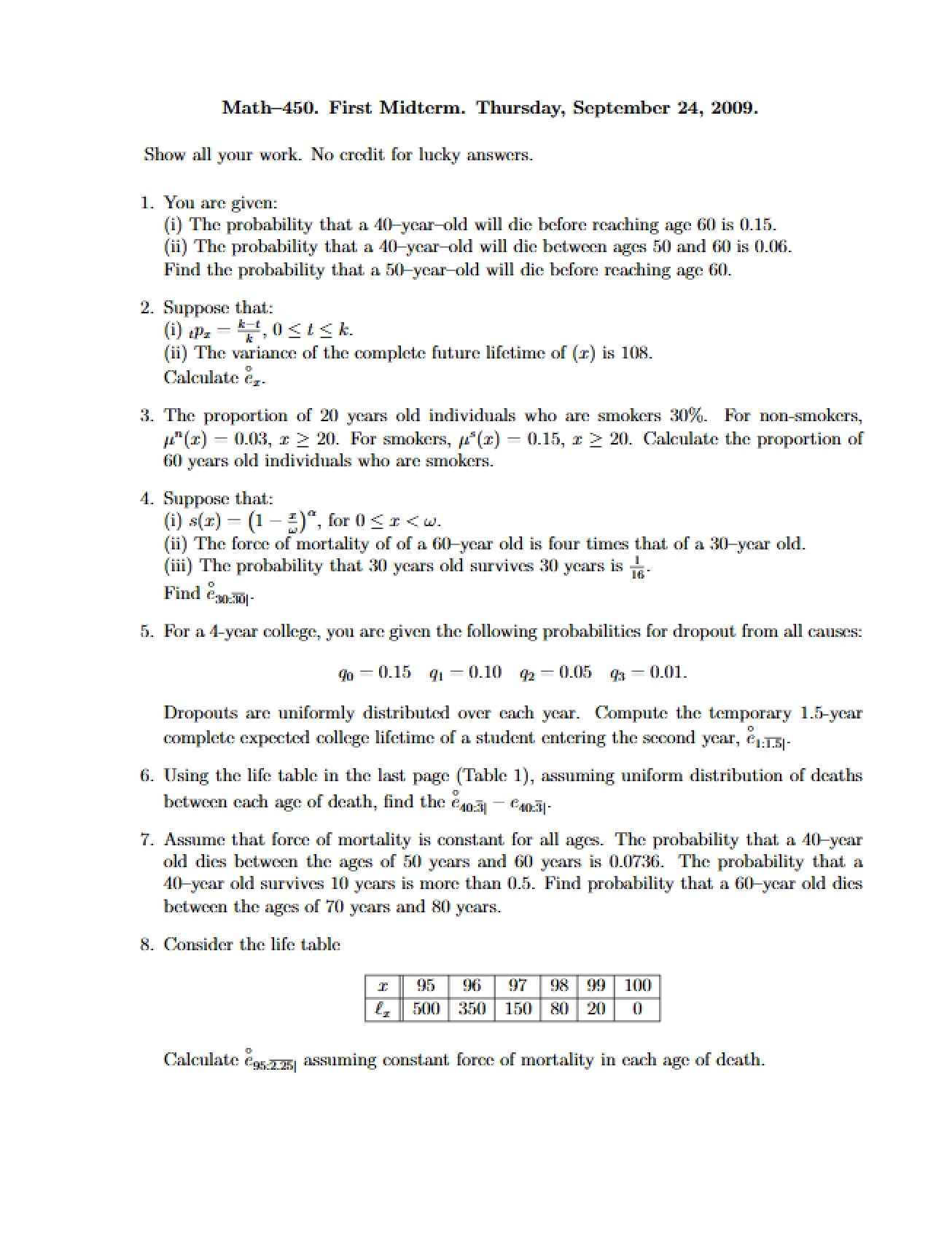 First Midterm Exam for Actuarial Mathematics