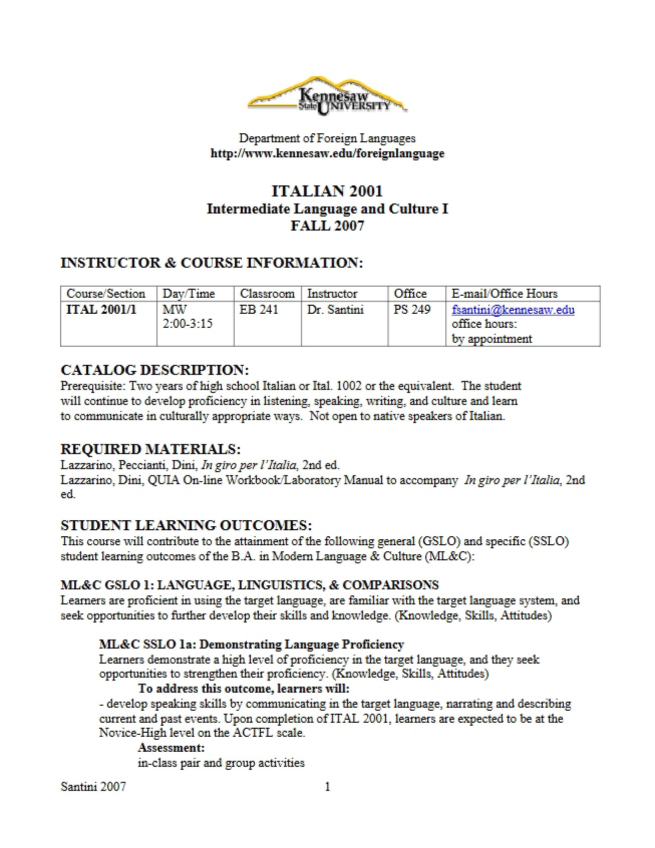Intermediate Italian I Course Document