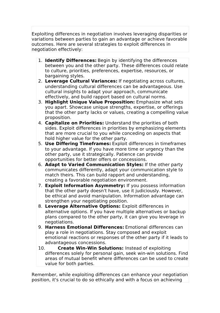 Win-Win Negotiation - 10 Strategies to Exploit Differences