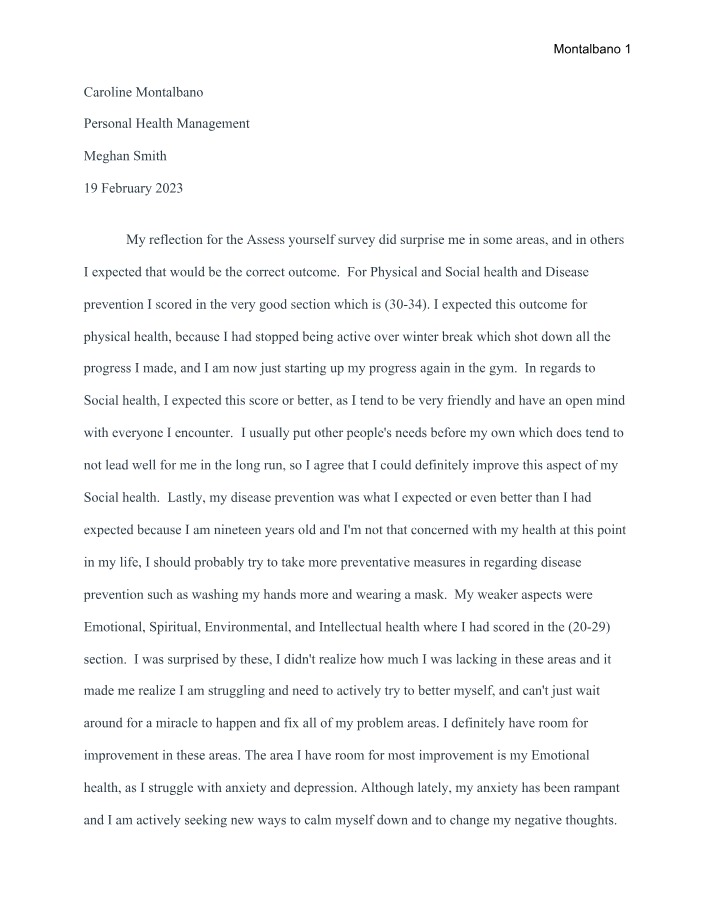 Personal Health Reflection - Assessing Areas for Improvement