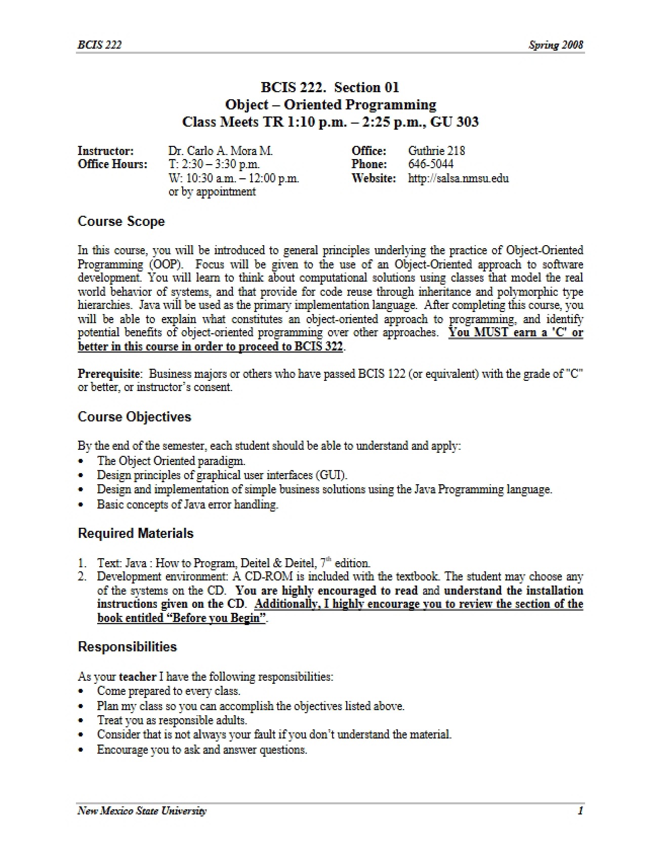 Outline of the Object-Oriented Programming Course